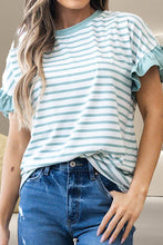 Load image into Gallery viewer, Ruffled Striped Round Neck Cap Sleeve T-Shirt
