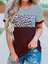 Load image into Gallery viewer, Full Size Striped Leopard Round Neck Short Sleeve T-Shirt
