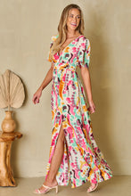 Load image into Gallery viewer, Slit Printed Surplice Short Sleeve Maxi Dress
