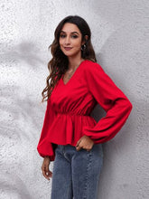 Load image into Gallery viewer, V-Neck Balloon Sleeve Peplum Blouse
