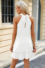 Load image into Gallery viewer, Ruched Grecian Neck Tie Waist Mini Dress
