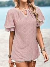 Load image into Gallery viewer, Eyelet Round Neck Puff Sleeve Blouse
