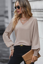 Load image into Gallery viewer, Pleated Lantern Sleeve V-Neck Blouse
