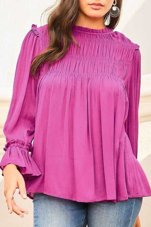 Ruched Blouse Flounce Sleeve Blouse