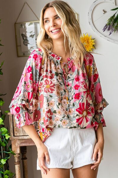 First Love Printed Tie Neck Flounce Sleeve Blouse