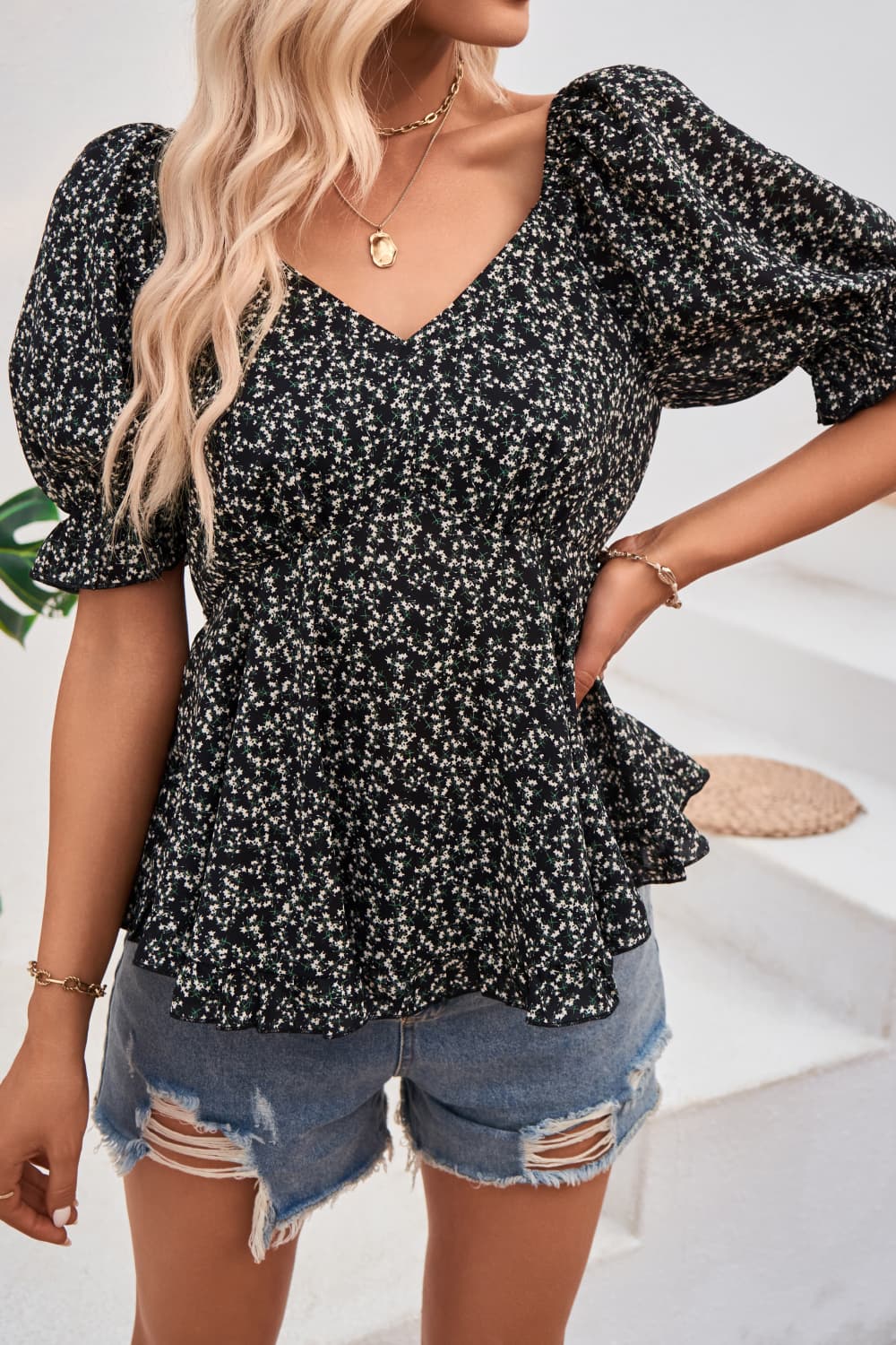 V-Neck Flounce Sleeve Blouse