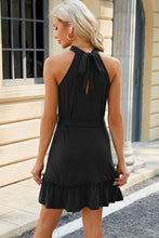 Load image into Gallery viewer, Ruched Grecian Neck Tie Waist Mini Dress
