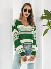 Load image into Gallery viewer, Striped V-Neck Dropped Shoulder Sweater
