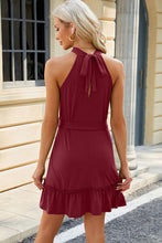 Load image into Gallery viewer, Ruched Grecian Neck Tie Waist Mini Dress
