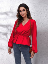 Load image into Gallery viewer, V-Neck Balloon Sleeve Peplum Blouse
